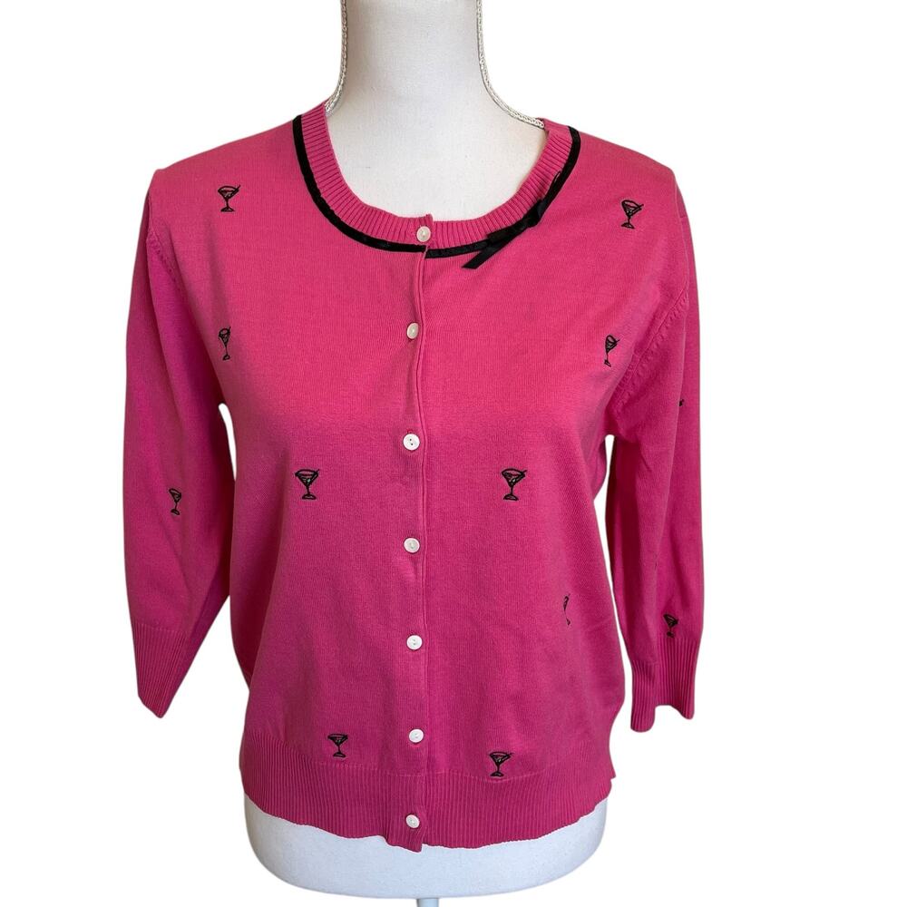 SML Design Cardigan Size Large Pink Martini Emblem Silk Blend Crop Black Ribbon